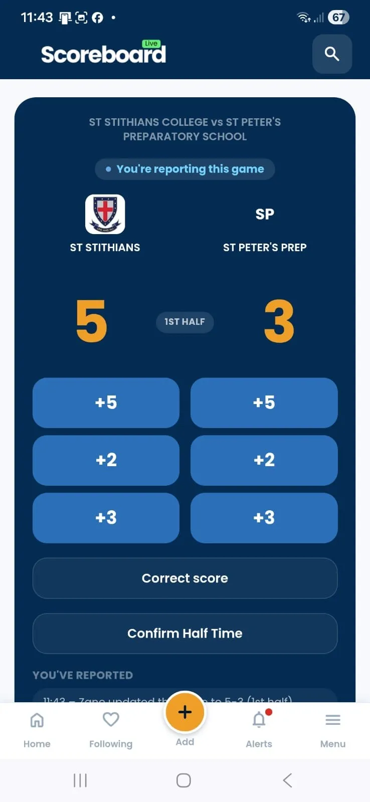 The Scoreboard Live scoring screen during a rugby match, St Stithians leading St Peter’s Prep 5 to 3 at half time, with plus five, plus two and plus three buttons for each side