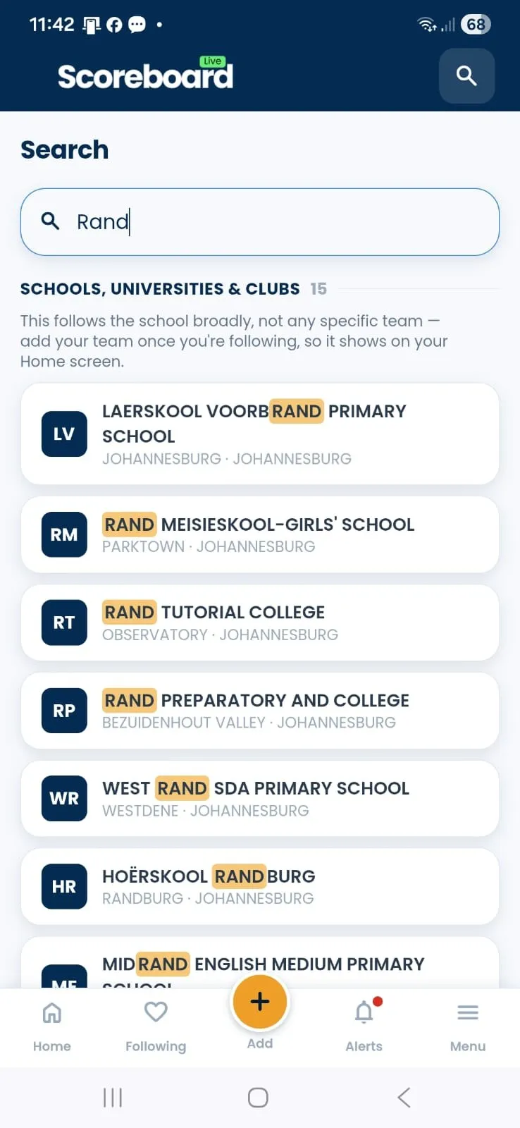 The Scoreboard Live search screen, with Rand typed into the search box and fifteen matching schools listed below it