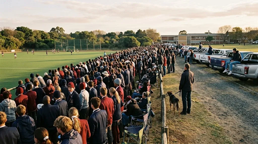 A long line of school supporters standing along the edge of a sports field at golden hour, bakkies parked behind them