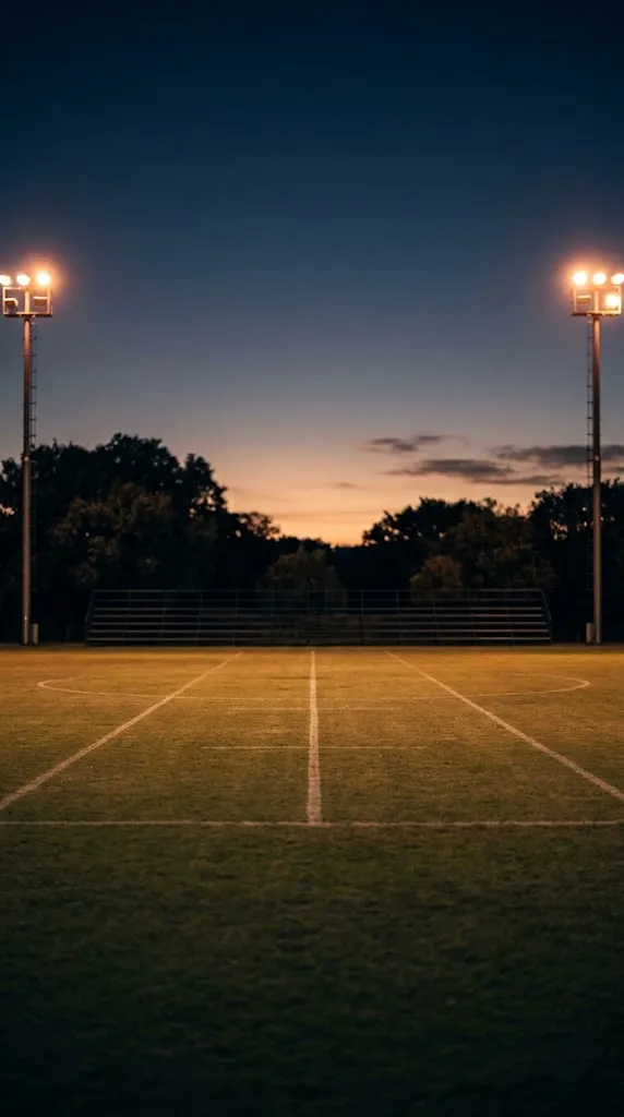 A school sports field under floodlights at dusk, empty before a game
