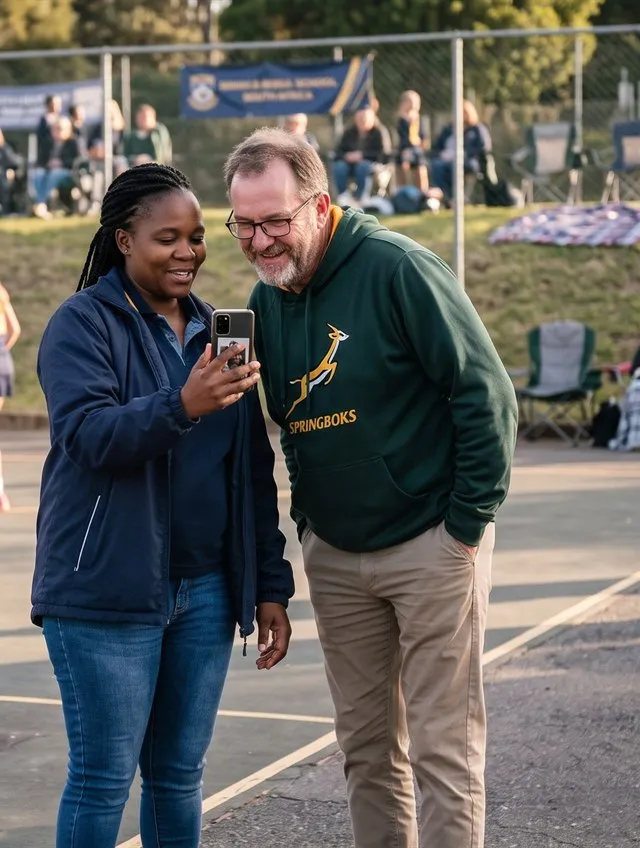 Two supporters courtside at a school netball match checking a score together on a phone
