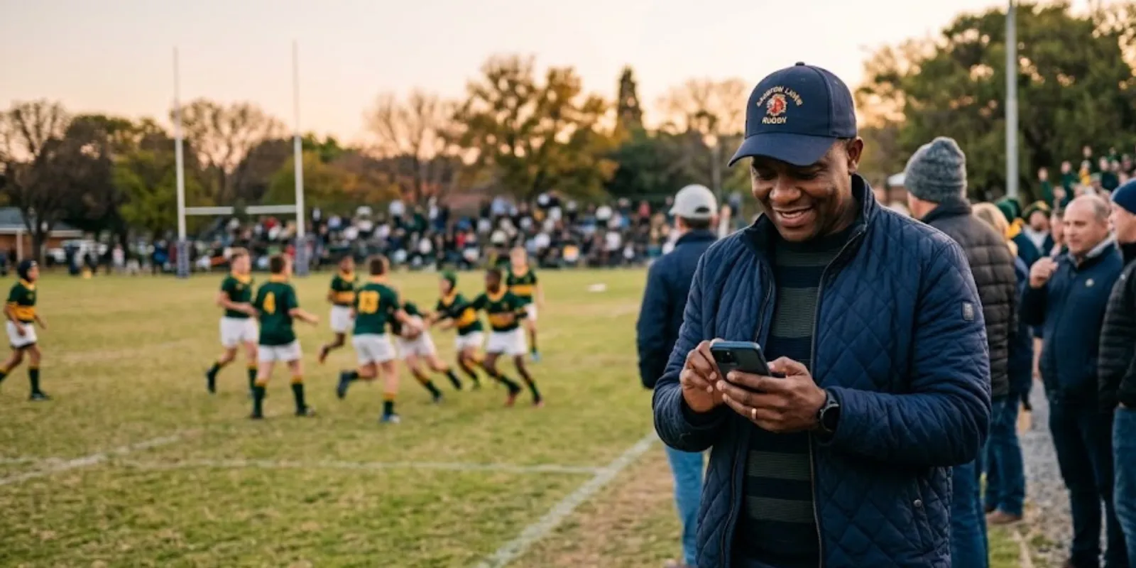 A father on the sideline at a school rugby match, keeping the score on his phone while the game runs behind him