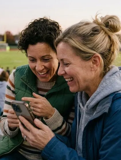 Two supporters in the stands keeping the score on a phone during a game