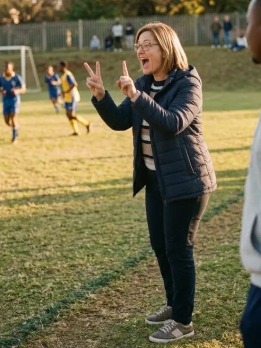 A mother on the sideline of a school football field signalling the score with her fingers to someone out of shot