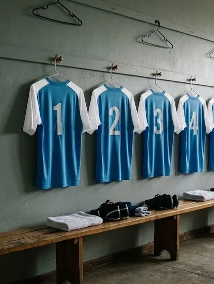 Numbered team shirts hanging in a changing room above a bench of kitbags